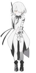 1girl absurdres blue_archive blush colored_skin covered_eyes cross-shaped_pupils hair_over_one_eye highres looking_at_viewer navel s10021 short_hair simple_background sof_(blue_archive) solo symbol-shaped_pupils white_hair white_skin yellow_eyes