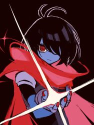 1other antenna_hair arm_at_side armor armored_gloves black_background black_hair black_shirt blue_skin cape closed_mouth colored_skin deltarune fingerless_gloves foreshortening g_c_hori gloves grey_gloves hair_over_one_eye hashtag-only_commentary highres holding kris_(deltarune) limited_palette nail_polish no_nose one_eye_covered other_focus painterly red_cape red_eyes red_nails red_scarf ringed_eyes save_point scarf shirt short_sleeves shoulder_armor simple_background solo sparkle upper_body
