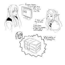 Rule 34 | 2girls, :3, = =, absurdres, blunt bangs, book, capelet, chuan sg, coat, commentary, cropped shoulders, elf, english commentary, english text, fern (sousou no frieren), frieren, high contrast, highres, lineart, long hair, long sleeves, monitor, monochrome, multiple girls, open clothes, open coat, parody, pile of books, pointy ears, simple background, sousou no frieren, twintails, white background, winrar