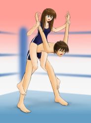 Rule 34 | #13, 1boy, 1girl, armlock, ayano (#13), barefoot, brown hair, femdom, hetero, pain, playing sports, reverse pallo special, sakuya (#13), submission, submission hold, topless female, wrestling, wrestling ring
