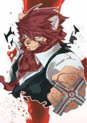 1boy absurdres animal_ears ao_gravity black_vest blood closed_mouth commentary_request fang fang_out furrification furry furry_male glasses green_eyes highres kekkai_sensen klaus_von_reinhertz lion_boy lion_ears lion_mane looking_at_viewer male_focus necktie red_necktie shirt vest white_shirt