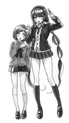 2girls :d akiyama_enma blazer blush cardigan chabashira_tenko collared_shirt commentary_request danganronpa_(series) danganronpa_v3:_killing_harmony dress_shirt full_body greyscale hairband height_difference jacket kneehighs loafers long_hair long_sleeves looking_at_another low_twintails miniskirt monochrome multi-tied_hair multiple_girls necktie open_clothes open_jacket open_mouth plaid_clothes plaid_skirt pleated_skirt sailor_collar school_uniform serafuku shirt shoes short_hair simple_background skirt sleeves_past_wrists smile socks teeth twintails upper_teeth_only v-shaped_eyebrows very_long_hair white_background yumeno_himiko