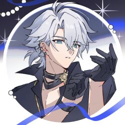 1boy adjusting_clothes adjusting_gloves antenna_hair black_choker black_gloves black_shirt blue_eyes choker collared_shirt commentary earclip gloves honkai:_star_rail honkai_(series) male_focus osamu18568716 parted_bangs parted_lips pectoral_cleavage pectorals phainon_(fashion)_(honkai:_star_rail) phainon_(honkai:_star_rail) ponytail shirt short_hair solo white_hair