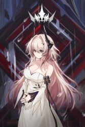Rule 34 | 1girl, absurdres, arknights, bare shoulders, black horns, breasts, chinese commentary, cleavage, closed mouth, collarbone, commentary, cowboy shot, dress, hair between eyes, hair intakes, halo, highres, horns, jewelry, large breasts, light smile, long hair, long sleeves, looking at viewer, multiple rings, off shoulder, own hands together, pink hair, prts logo (arknights), red eyes, ring, solo, standing, steepled fingers, theresa (arknights), white dress, white halo, wumiliko 56