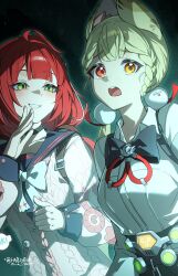 Rule 34 | 2girls, alice thymefield, animal ears, black bow, black bowtie, black choker, black sailor collar, blonde hair, bow, bowtie, cardigan, chest bow, choker, collared shirt, green eyes, hair ornament, heterochromia, highres, long hair, multiple girls, open mouth, pink cardigan, pom pom (clothes), pom pom hair ornament, rabbit ears, red hair, sailor collar, shirt, smile, so zei tama tama, tears, ukinami yuzuha, upper body, white bow, white bowtie, white shirt, zenless zone zero
