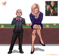 1boy 1girl android_18 bald bald_male black_dress black_suit blonde_hair blue_eyes breasts cleavage couple crossed_legs dragon_ball dragon_ball_(object) dragon_ball_super dress formal_clothes happy husband_and_wife kuririn looking_at_viewer serious smile suit thick_thighs thighs