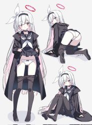 1girl all_fours ass black_choker black_coat black_eyes black_hairband black_pantyhose black_sailor_collar black_serafuku blue_archive braid choker clothes_lift clothes_pull coat colored_inner_hair from_behind full_body hair_over_one_eye hairband halo heart heart_halo highres lifting_own_clothes long_hair looking_at_viewer multicolored_hair multiple_views neckerchief no_shoes panties pantyhose pantyhose_pull plana_(blue_archive) red_halo red_pupils ribbon sailor_collar school_uniform serafuku setteiset single_braid sitting skirt skirt_lift solo underwear white_neckerchief white_panties white_ribbon