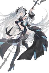 1girl black_dress black_ribbon blue_eyes breasts cleavage closed_mouth clothing_cutout commentary_request detached_sleeves dress fate/grand_order fate_(series) floating_hair grey_background grey_hair hair_ribbon highres holding holding_staff jnsghsi long_hair medium_breasts morgan_le_fay_(fate) navel ponytail pubic_tattoo ribbon simple_background solo staff stomach stomach_cutout tattoo tiara very_long_hair white_sleeves