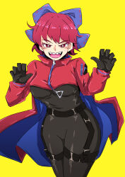 1girl :d adapted_costume akatsuki_records black_bodysuit black_gloves blue_bow bodysuit bow breasts cape cloak gloves hair_bow highres latex latex_bodysuit long_sleeves open_mouth red_cloak red_eyes red_hair ribbon-trimmed_bow ribbon_trim rock_&#039;n&#039;_rock_&#039;n&#039;_beat sakamoto_fred sekibanki sharp_teeth short_hair simple_background smile solo teeth touhou two-tone_cape yellow_background