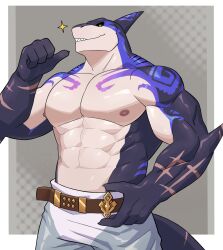 1boy abs absurdres bara black_sclera capt._locke_(xxl) chilly_tokage claws colored_sclera commentary dorsal_fin english_commentary fins fish_tail furry furry_male highres male_focus muscular muscular_male nipples pants pectorals pointing pointing_at_self pointing_with_thumb shark_boy shark_tail smile sparkle tail topless_male white_pants xxl_woofia yellow_eyes