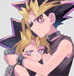 2boys arm_up atem bare_shoulders belt_buckle belt_collar black_collar black_shirt blush bracelet buckle chain closed_mouth collar commentary_request curtained_hair grey_background hair_between_eyes half-closed_eyes hand_on_another&#039;s_chest highres holding holding_chain jewelry male_focus mototikapon multiple_boys muto_yugi purple_eyes red_eyes shirt simple_background sleeveless sleeveless_shirt studded_bracelet yu-gi-oh! yu-gi-oh!_duel_monsters