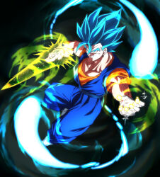 Rule 34 | 1boy, aura, blue eyes, blue hair, boots, breasts, commentary request, dragon ball, dragon ball super, energy sword, full body, gloves, grin, large breasts, male focus, muscular, muscular male, pectoral cleavage, pectorals, rom (20), smile, solo, spiked hair, super saiyan, super saiyan blue, sword, vegetto, weapon, white boots, white gloves