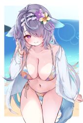 1girl @_@ absurdres animal_ears beach bead_bracelet beads bikini black_hairband bracelet breasts cleavage closed_mouth collarbone collared_shirt flower frilled_hairband frills grey_hair hair_over_one_eye hair_ribbon hairband highres indie_virtual_youtuber jewelry large_breasts leaning_forward long_hair long_sleeves menace_mamaki multicolored_bikini navel navel_piercing ocean open_clothes open_shirt piercing pokeeeo_o purple_eyes purple_flower purple_ribbon ribbon second-party_source shirt side-tie_bikini_bottom solo swimsuit tail thigh_gap virtual_youtuber wet white_shirt yellow_flower