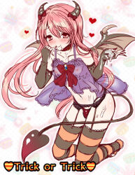 Rule 34 | 1boy, blush, bow, camisole, clawed wings, collarbone, covered erect nipples, cum, cum on body, cum on hands, demon horns, demon wings, elbow gloves, fingerless gloves, fingernails, full body, gloves, heart, horn bow, horn ornament, horns, leaning forward, long fingernails, long hair, male focus, menokonome, navel, pink hair, pretty series, pripara, purple camisole, red bow, red nails, reona west, striped clothes, striped thighhighs, thighhighs, trap, wings