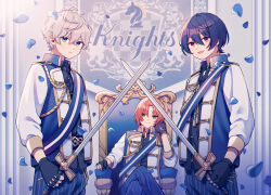 Rule 34 | 3boys, amagi hana, black gloves, blue eyes, blue hair, blue pants, blue petals, blue vest, closed mouth, commentary request, crossed legs, ensemble stars!, fingerless gloves, gloves, green eyes, grey hair, hair between eyes, head rest, highres, holding, holding sword, holding weapon, knights (ensemble stars!), long sleeves, male focus, multiple boys, open mouth, orange hair, pants, parted bangs, parted lips, red eyes, sakuma ritsu, sena izumi (ensemble stars!), shirt, short hair, sitting, smile, standing, striped clothes, striped pants, sword, throne, tsukinaga leo, vest, weapon, white shirt