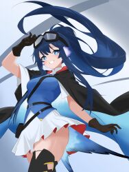 Rule 34 | 1girl, :d, absurdres, arknights, arm up, astgenne (arknights), black gloves, black thighhighs, blue eyes, blue hair, bright pupils, cowboy shot, diamond-shaped pupils, diamond (shape), floating hair, gloves, goggles, goggles on head, grin, highres, llewellyn blue, long hair, looking at viewer, miniskirt, open mouth, pleated skirt, red skirt, skirt, smile, solo, standing, symbol-shaped pupils, thighhighs, thighs, two-sided fabric, two-sided skirt, white pupils, white skirt