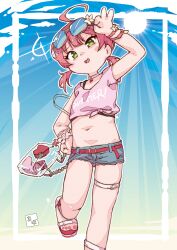 1girl absurdres ahoge arm_up bag belt choker clothes_writing denim denim_shorts eyewear_on_head flower foot_out_of_frame green_eyes handbag highres hololive holonatsu_paradise looking_at_viewer mabo9317 midriff nail_polish navel official_alternate_costume pink_hair pink_shirt sakura_miko sakura_miko_(holonatsu_paradise) sandals shirt short_shorts shorts solo standing standing_on_one_leg sun sunglasses thigh_strap tied_shirt virtual_youtuber