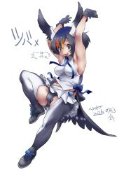 Rule 34 | 1girl, armpits, arms up, bare shoulders, barn swallow (kemono friends), bird girl, bird tail, bird wings, black gloves, black hair, black panties, blonde hair, bow, breasts, brown eyes, collared shirt, covered erect nipples, elbow gloves, footwear bow, frills, gloves, grey gloves, grey thighhighs, hair between eyes, head wings, kemono friends, kemono friends 3, looking at viewer, midriff peek, multicolored hair, navel, neck ribbon, nyororiso (muyaa), open mouth, panties, pleated skirt, red hair, ribbon, shirt, shoes, short hair, skirt, sleeveless, sleeveless shirt, smile, solo, tail, thighhighs, underwear, white shirt, white skirt, wings