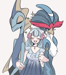 1girl beak blue_eyes blue_hair choker closed_eyes colored_eyelashes commentary_request dress flower frills gen_7_pokemon gen_8_pokemon hair_flower hair_ornament highres inteleon long_hair nintendo open_mouth personification pink_choker pokemon pokemon_(creature) primarina quaquaval rendoll simple_background smile sparkle teeth transformation upper_teeth_only white_background white_dress white_fur
