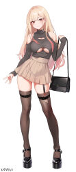 1girl alternate_costume armpit_crease bag barbell_piercing bare_shoulders black_shirt black_shoes blonde_hair blush breasts brown_thighhighs chinese_commentary cleavage cleavage_cutout clothing_cutout colored_tips commentary_request ear_piercing earrings feet full_body grey_skirt gyaru hair_intakes heart_cutout high_heels highres holding holding_bag jewelry kitagawa_marin large_breasts legs long_hair long_sleeves looking_at_viewer miniskirt multicolored_hair piercing platform_heels platform_shoes pleated_skirt shirt shoes shoulder_bag shoulder_cutout signature skindentation skirt sleeves_past_wrists solo sono_bisque_doll_wa_koi_wo_suru standing thigh_strap thighhighs thighs torn_clothes torn_thighhighs turtleneck turtleneck_shirt underboob_cutout xnnagu zettai_ryouiki