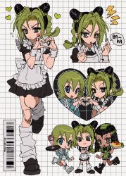 Rule 34 | 3girls, :d, alternate costume, apron, aqua dress, aqua eyes, barcode, black boots, black bow, black dress, black hair, black shoes, blush, boots, bow, braid, breasts, bun with braided base, chibi, cone hair bun, double bun, double middle finger, dreadlocks, dress, enmaided, ermes costello, flying sweatdrops, foo fighters (jojo), food, four-finger heart hands, frilled apron, frilled dress, frills, frown, fu r y, green apron, green eyes, green hair, green nails, grid background, hair bun, heart, heart hands, highres, holding, holding tray, ice cream, jojo no kimyou na bouken, kuujou jolyne, lightning bolt symbol, maid, maid apron, middle finger, multicolored hair, multiple girls, omelet, omurice, open mouth, puffy short sleeves, puffy sleeves, shoes, short hair, short sleeves, small breasts, smile, socks, stone ocean, sundae, sweatdrop, tray, two-tone hair, waist apron, white apron, white socks, wrist cuffs