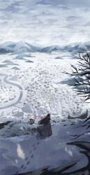1boy ahoge bare_tree black_hair building chinese_clothes cloud cloudy_sky coat day facing_away floating_hair flute footprints from_behind full_body grey_coat grey_sky hair_down hair_ribbon half_updo hanfu highres holding holding_flute holding_instrument instrument kimako_(kimako_8) landscape long_hair long_sleeves modao_zushi mountain mountainous_horizon official_alternate_costume official_alternate_hairstyle outdoors red_ribbon ribbon road scenery sky snow solo standing tassel tree village wei_wuxian wei_wuxian_(yiling_laozu) wide_shot wide_sleeves wind winter