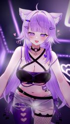 1girl absurdres ahoge animal_ear_fluff animal_ears black_choker black_shirt blush breasts cat_choker cat_ears cat_girl choker chouchou_cream cleavage fang hair_ornament hairpin halterneck heart highres hololive large_breasts long_hair nekomata_okayu nekomata_okayu_(personya_respect) o-ring o-ring_choker official_alternate_costume official_alternate_hair_length official_alternate_hairstyle pantyhose purple_eyes purple_hair purple_pantyhose shirt short_shorts shorts skin_fang smile solo very_long_hair virtual_youtuber white_shorts