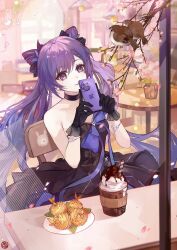1girl bare_shoulders bird black_bow black_choker black_dress black_gloves bow bowtie bracelet branch breasts cafe cellphone chair chinese_commentary chocolate_syrup choker cleavage cone_hair_bun cowboy_shot cup double_bun dress earrings falling_petals flower from_outside genshin_impact gloves golden_shrimp_balls_(genshin_impact) hair_between_eyes hair_bow hair_bun hanging_light highres holding holding_phone indoors jewelry keqing_(genshin_impact) keqing_(oneplus)_(genshin_impact) long_hair looking_at_animal medium_breasts official_alternate_costume parted_lips pearl_bracelet pearl_earrings petals phone pink_flower plate purple_bow purple_bowtie purple_eyes purple_hair sitting smartphone smile solo strapless strapless_dress table taking_picture twintails vase whipped_cream window xuedaixun