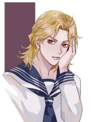 1boy blonde_hair dio_brando expressionless hand_on_own_cheek hand_on_own_face jo_jun jojo_no_kimyou_na_bouken looking_at_viewer male_focus mullet phantom_blood red_eyes sailor_collar solo