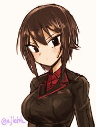 Rule 34 | 1girl, black eyes, breasts, brown hair, commentary request, eisu (eith), girls und panzer, hair between eyes, highres, kuromorimine military uniform, large breasts, medium hair, military uniform, nishizumi maho, red shirt, sepia, shirt, simple background, twitter username, white background