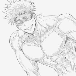 Rule 34 | 1boy, abs, absurdres, amaoh lv50, black blindfold, blindfold, blush, gojou satoru, hair up, highres, jujutsu kaisen, large pectorals, looking at viewer, male focus, muscular, muscular male, navel, pectorals, short hair, simple background, smile, solo, topless male, upper body, white background, white hair