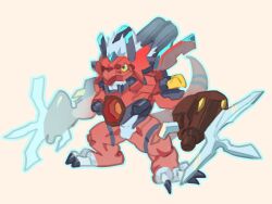 Rule 34 | 765 nanami, arm blade, chibi, cyborg, digimon, digimon (creature), dragon, full body, highres, megalogrowmon, megalogrowmon x-antibody, no humans, solo, standing, weapon, yellow eyes