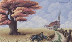 absurdres artist_name autumn bicycle chimney cloud cloudy_sky day grass highres house louispretends no_humans original outdoors pixel_art scenery sky tree