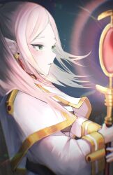Rule 34 | 1girl, capelet, commentary, earrings, elf, english commentary, frieren, green eyes, highres, holding, holding staff, jewelry, kei ayada, long hair, long sleeves, mage staff, parted lips, pointy ears, profile, solo, sousou no frieren, staff, teardrop earrings, upper body, white capelet, white hair
