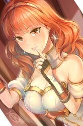 1girl armor breastplate breasts celica_(fire_emblem) choker cleavage dress earrings finger_to_mouth fingerless_gloves fire_emblem fire_emblem_echoes:_shadows_of_valentia gloves jewelry large_breasts long_hair looking_at_viewer nintendo orange_eyes orange_hair red_eyes red_hair revolverwing seductive_smile smile solo tiara white_armor white_dress