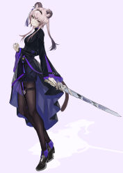 Rule 34 | 1girl, absurdres, animal ear fluff, arknights, black boots, black hairband, black jacket, black skirt, boots, brown pantyhose, closed mouth, fold-over boots, full body, hairband, highres, holding, holding sword, holding weapon, jacket, lin (arknights), long hair, long sleeves, naruse azusa, pantyhose, pink background, pink eyes, pink hair, simple background, skirt, smile, solo, standing, sword, tail, very long hair, weapon, wide sleeves
