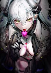 1girl absurdres black_cloak black_hands black_panties black_thighhighs body_markings breasts candy choker cloak colored_extremities crossed_bangs demon_girl demon_horns ear_piercing fate/grand_order fate_(series) food green_eyes grey_hair hair_between_eyes highres horns lilith_(fate) lilith_(second_ascension)_(fate) lollipop long_hair looking_at_viewer medium_breasts navel panties piercing pointy_ears sow_graden429 stomach_tattoo tattoo thighhighs thighs tongue tongue_out twintails underwear very_long_hair