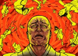 Rule 34 | &gt; &lt;, 6+boys, abstract background, bald, clone, commentary request, expression request, floating hair, frown, furrowed brow, hirano shogen, houjou tokiyuki (nige jouzu no wakagimi), jumping, long hair, looking up, low ponytail, male focus, multiple boys, multiple views, nige jouzu no wakagimi, open mouth, ponytail, portrait, red background, scar, scar on face, smile, spiral background, surrounded, sweat, triangle mouth, yellow eyes, yuurei dayo