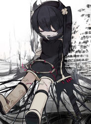 1girl absurdres black_dress black_hair boots broken_halo dress fish_hair_ornament hair_ornament halo halo_removed high_collar highres horns knee_boots long_hair long_sleeves original short_dress side_ponytail solo soresaki