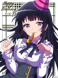 1girl bang_dream! black_bow black_hair bow happy_birthday hat highres izami_md long_hair party_favor party_hat paw_pose purple_eyes shirokane_rinko shirt skirt solo twitter_username upper_body white_shirt