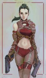 1girl absurdres black_eyes closed_mouth dual_wielding ear_piercing feet_out_of_frame green_hair gun handgun high_ponytail highres holding holding_gun holding_weapon klinck_foster looking_ahead looking_at_viewer midriff navel original pants piercing ponytail power_suit profanity red_pants red_shirt shirt simple_background single_bare_shoulder solo straight_hair weapon