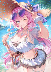 1girl adjusting_eyewear arm_up bag beach bikini bikini_skirt black_choker blue_eyes breasts choker cleavage commentary cowboy_shot elf elysia_(honkai_impact) elysia_(miss_pink_elf)_(honkai_impact) elysia_(summer_miss_elf)_(honkai_impact) eyewear_on_head grin halterneck hand_on_eyewear hand_up hat heart heart-shaped_eyewear highleg highres honkai_(series) honkai_impact_3rd jacket jewelry kinyouny large_breasts long_hair looking_at_viewer low_ponytail midriff navel necklace official_alternate_costume one_eye_closed open_clothes open_jacket pink_hair pointy_ears ponytail scrunchie see-through_clothes see-through_jacket shoulder_bag skindentation smile solo stomach strap_gap straw_hat sunglasses swimsuit thigh_strap very_long_hair white_bikini white_jacket wrist_scrunchie