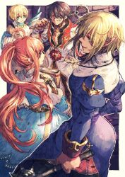 Rule 34 | 2boys, 2girls, :3, acolyte (ragnarok online), arch bishop (ragnarok online), bandaged arm, bandages, black thighhighs, blonde hair, blue dress, blue eyes, book, breasts, brown coat, brown hair, cleavage, cleavage cutout, closed mouth, clothing cutout, coat, commentary request, cowboy shot, cross, cross necklace, dress, filir (ragnarok online), frown, garter straps, glasses, green eyes, grin, habit, hair between eyes, high ponytail, high priest (ragnarok online), holding, holding book, holding weapon, jewelry, juliet sleeves, layered clothes, long hair, long sleeves, looking at viewer, mace, medium breasts, multicolored coat, multiple boys, multiple girls, necklace, orange hair, pointy ears, ponytail, priest (ragnarok online), puffy sleeves, ragnarok online, red coat, sash, short hair, smile, spiked mace, spikes, thighhighs, tokio (okt0w0), two-tone coat, two-tone dress, very long hair, weapon, white coat, white dress, yellow eyes, yellow sash