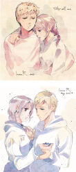 1boy 1girl 2012 animification artist_name black_jacket black_sweater blonde_hair braid brown_eyes brown_hair couple english_text hair_behind_ear hetero highres hood hooded_jacket hoodie inma jacket katniss_everdeen leaning_on_person looking_at_another looking_down multiple_views open_mouth peeta_mellark pink_sweater sweater the_hunger_games white_hoodie