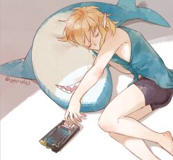 Rule 34 | 1boy, barefoot, black male underwear, blonde hair, blue shirt, closed eyes, commentary, covered mouth, english commentary, foot out of frame, ikea shark, link, long pointy ears, lying, male focus, male underwear, natsuyon, nintendo, on side, outstretched arm, pointy ears, sharp teeth, sheikah slate, shirt, single bare shoulder, sleeping, sleeveless, sleeveless shirt, solo, stuffed animal, stuffed shark, stuffed toy, teeth, the legend of zelda, the legend of zelda: breath of the wild, underwear