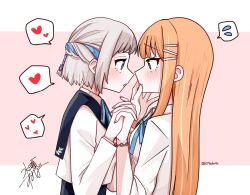 Rule 34 | 2girls, black sailor collar, blue eyes, blue ribbon, blush, bracelet, braid, closed mouth, commentary request, eye contact, from side, gakuen idolmaster, green eyes, grey hair, h77kobato, hair ribbon, half up braid, hand on another&#039;s face, heart, holding hands, idolmaster, interlocked fingers, jewelry, katsuragi lilja, long hair, long sleeves, looking at another, multiple girls, neck ribbon, orange hair, parted lips, profile, ribbon, ribbon braid, sailor collar, school uniform, shirt, shiun sumika, sleeves rolled up, spoken heart, spoken sweatdrop, sweatdrop, twitter username, white shirt, yuri