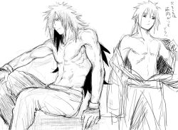 2boys abs brothers cowboy_shot gurekoguriko highres multiple_boys muscular muscular_male naruto_(series) navel pectorals siblings sketch spiked_hair toned toned_male uchiha_izuna uchiha_madara white_background