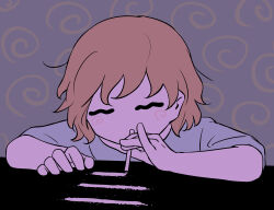 1boy absurdres avogado6 blue_shirt blush closed_eyes cocaine commentary_request covered_mouth drinking_straw drugs grey_shirt hand_up highres holding light_brown_hair limited_palette male_focus no_mouth no_nose original purple_background shirt short_hair short_sleeves sitting snort solo spiral_background t-shirt table tube wavy_eyes