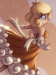 1girl antenna_hair blonde_hair blue_eyes borrowed_character bow breasts brown_dress butterpie_(karmacolorcat) cinnamon_(food) commission dress food food-themed_clothes freckles from_behind gloves looking_at_viewer looking_back medium_breasts original pie short_hair smile soandnb standing strapless strapless_dress waist_bow white_bow white_gloves