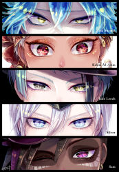5boys blue_eyes blue_hair column_lineup dark-skinned_male dark_skin dreadlocks earrings eye_focus eyelashes facepaint grey_hair hair_between_eyes highres idia_shroud jade_leech jewelry kalim_al-asim male_focus momosaki_hiromu multiple_boys one_eye_closed purple_eyes red_eyes sam_(twisted_wonderland) silver_(twisted_wonderland) twisted_wonderland yellow_eyes